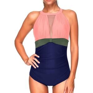Tempt Me Womens One Piece High Neck Plunge Ruched Tummy Control Swimsuit Small